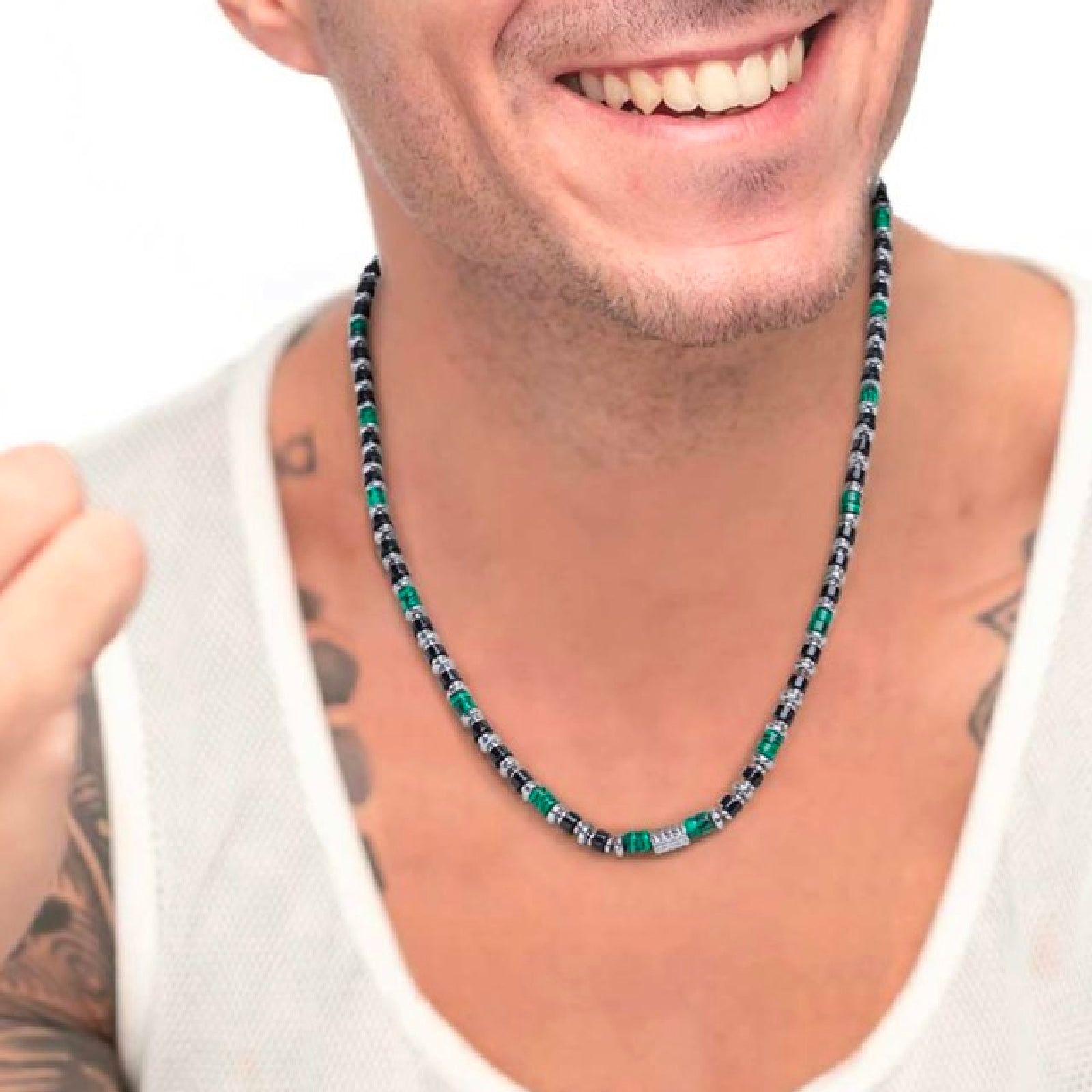 Collana da uomo Marlù Icons in acciaio con pietre di malachite, onice ed ematite 30CO0002-3