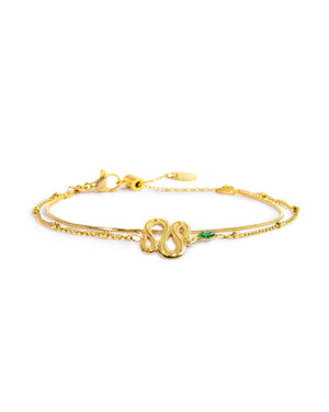 Bracciale doppia catena da donna della collezione Marlù Vision in acciaio inossidabile 316L dorato con serpente e zircone verde al centro 33BR0026G-V