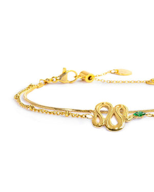 Bracciale doppia catena da donna della collezione Marlù Vision in acciaio inossidabile 316L dorato con serpente e zircone verde al centro 33BR0026G-V