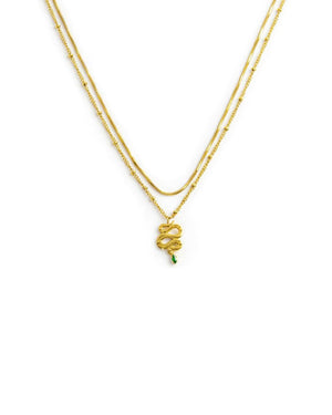 Collana doppia catena da donna della collezione Marlù Vision in acciaio inossidabile 316L dorato con serpente pendente e zircone verde 33CN0019G-V