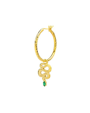 Mono orecchino a cerchio da donna della collezione Marlù Vision in acciaio inossidabile 316L dorato con serpente pendente e zircone verde 33OR0028G-V