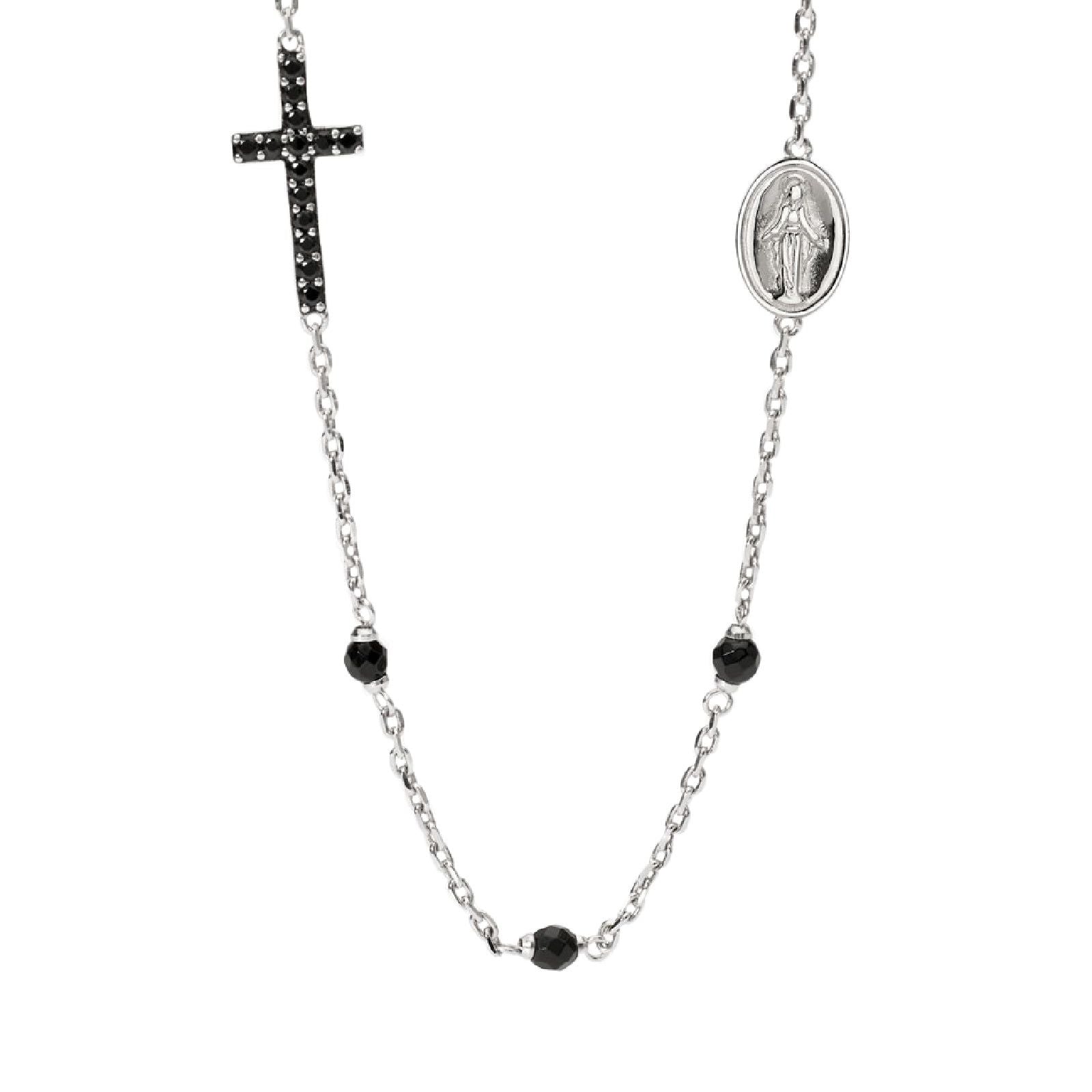 collana girocollo mabina uomo mystical in argento 925 con croce in zirconi neri e madonnina 553680