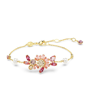 Bracciale catena da donna Swarovski Gema placcato oro con fiore di cristalli di diversi tagli sui toni del rosa e perle 5688488