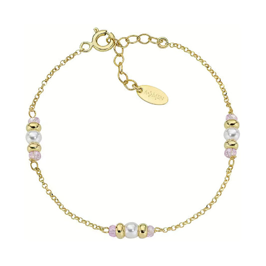 Bracciale Amen in argento dorato cristalli rosa e perla Regolabile 16-19 cm