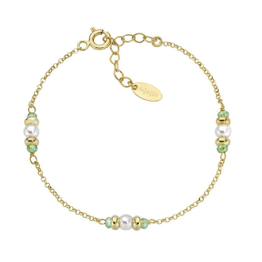 Bracciale Amen in argento dorato cristalli verde e perla Regolabile 16-19 cm