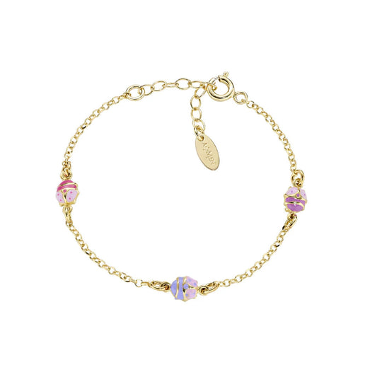 Bracciale catena Amen bimba argento dorato con coccinelle rosa Regolabile 14-17 cm