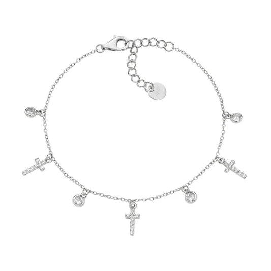 Bracciale catena Amen in argento con croci e zirconi bianchi Regolabile 16-19 cm