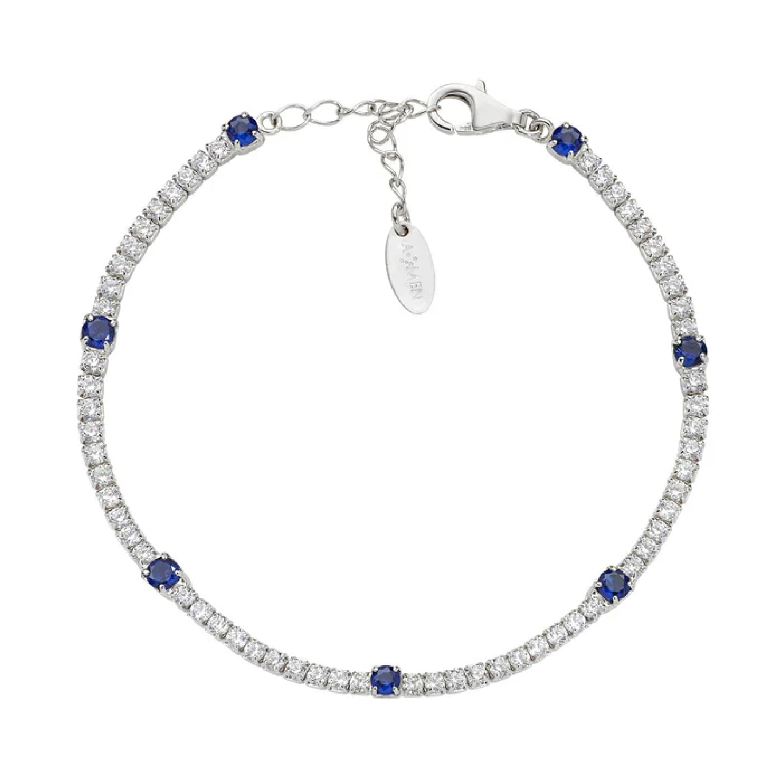 Bracciale tennis Amen in argento con zirconi blu e bianchi Regolabile 16-19 cm