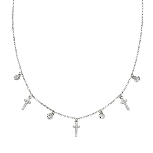 Collana girocollo Amen argento con croci e zirconi pendenti MISURA UNICA