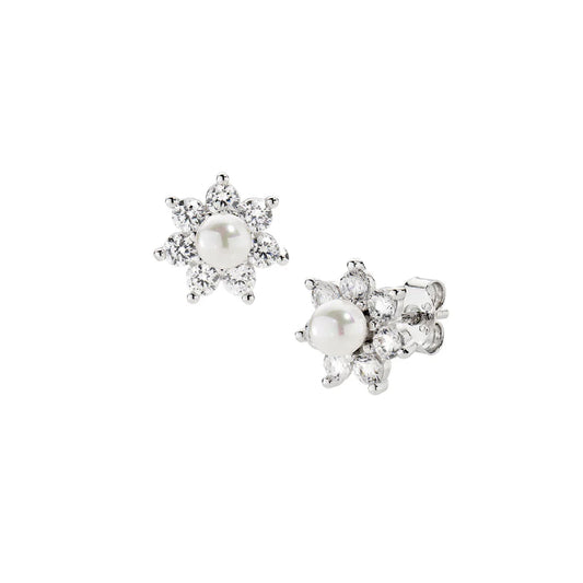 Orecchini a lobo Amen in argento fiori con zirconi e perle MISURA UNICA