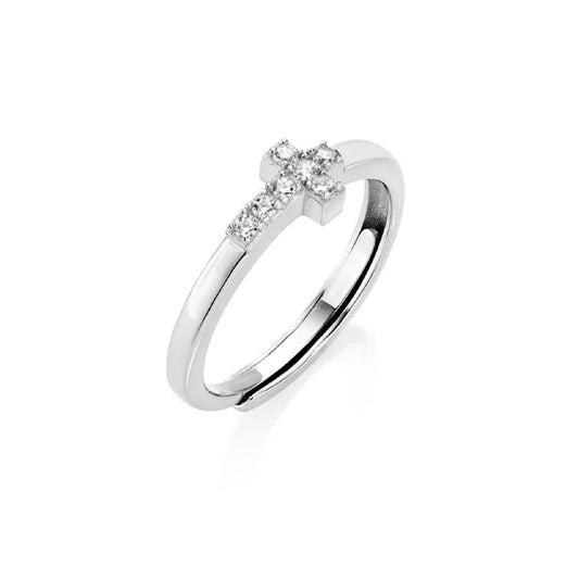Anello Amen in argento con croce piccola e zirconi bianchi Regolabile dalla 10 alla 14