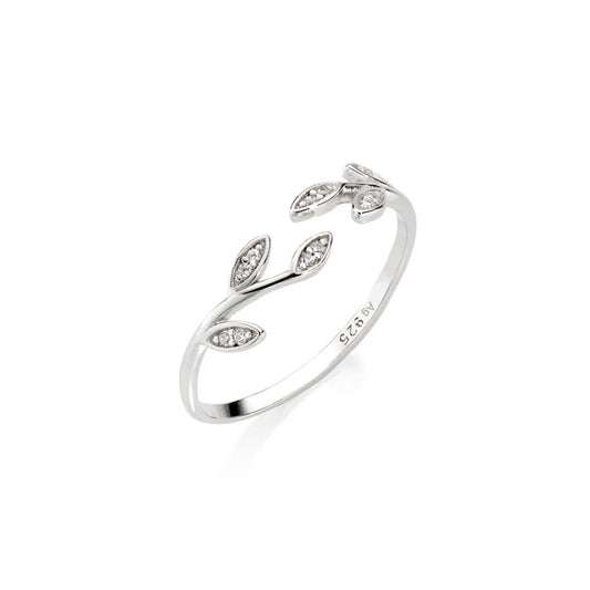 Anello aperto Amen in argento con foglie e zirconi bianchi Regolabile dalla 10 alla 14