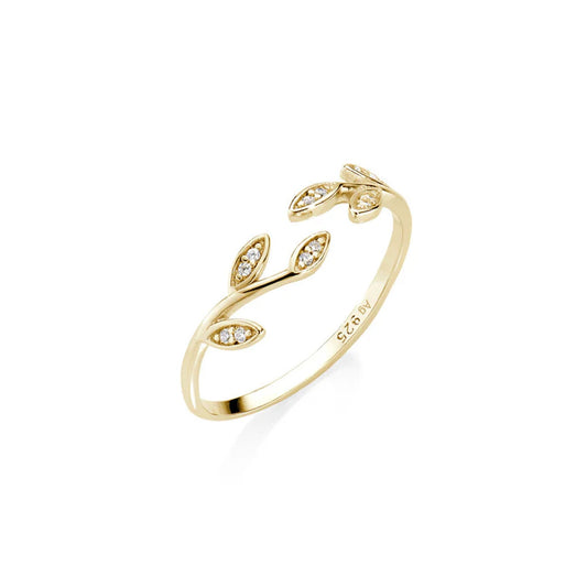 Anello Amen in argento dorato con foglie e zirconi bianchi Regolabile dalla 10 alla 14
