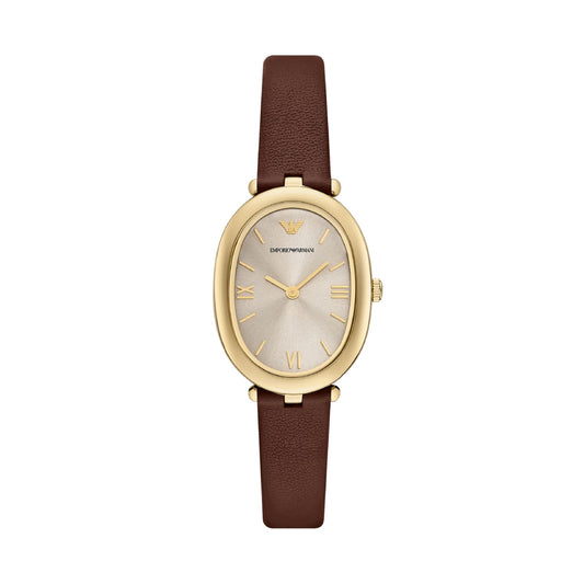 Orologio cassa ovale Armani in acciaio e pelle colore marrone MISURA UNICA