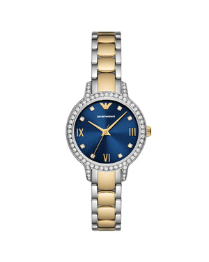 Orologio solo tempo in acciaio Emporio Armani da donna di colore blu, oro e argento con cristalli su quadrante e ghiera AR11576