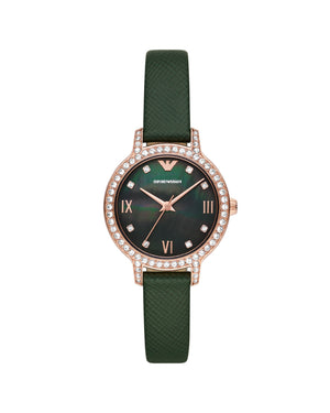 Orologio solo tempo in acciaio e pelle Emporio Armani da donna di colore verde e oro rosa con cristalli su quadrante e ghiera AR11577