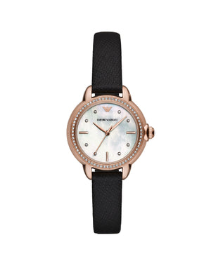 Orologio solo tempo da donna Emporio Armani con cassa rosé 32mm cinturino pelle con quadrante in madreperla e cristalli AR11598