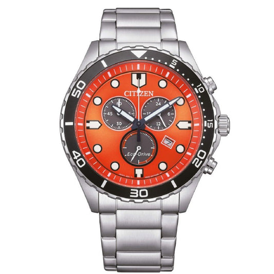 Orologio crono uomo Citizen Sporty in acciaio quadrante arancione lunetta nera 43mm AT2560-84X-1