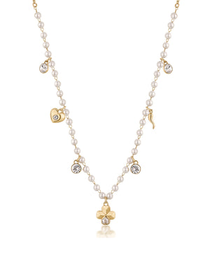 Collana girocollo donna Brosway Chakra in acciao con perle con finitura pvd oro pendenti quadrifoglio, cuore, cornetto e cristalli BHKN130