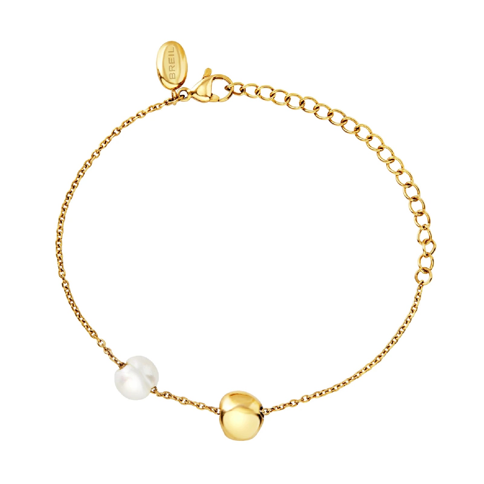 Bracciale donna Breil B Rocks in acciaio dorato con boule centrale e perla d'acqua dolce laterale Regolabile 15-21 cm