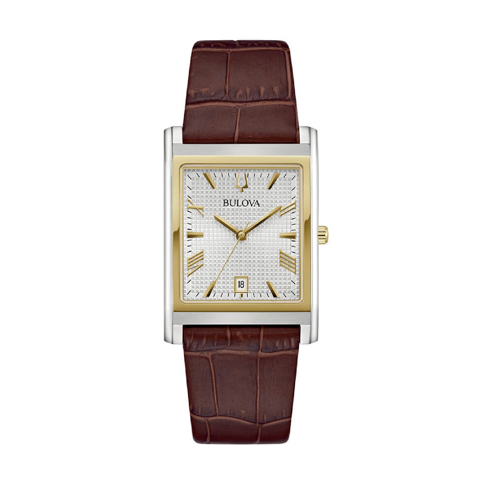 Orologio Bulova rettangolare in acciaio e pelle marrone