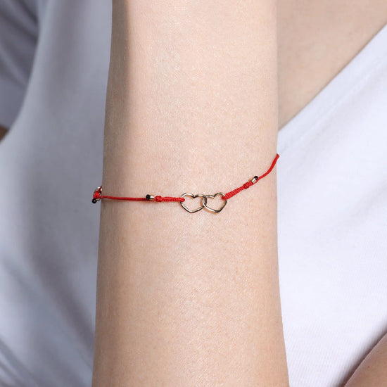Bracciale Burato Con Amore donna cotone rosso, oro rosa e cuori CC789-2