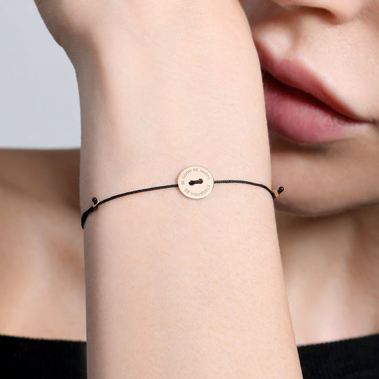 Bracciale Burato Paillettes donna cotone nero, oro rosa e incisione CH546-2