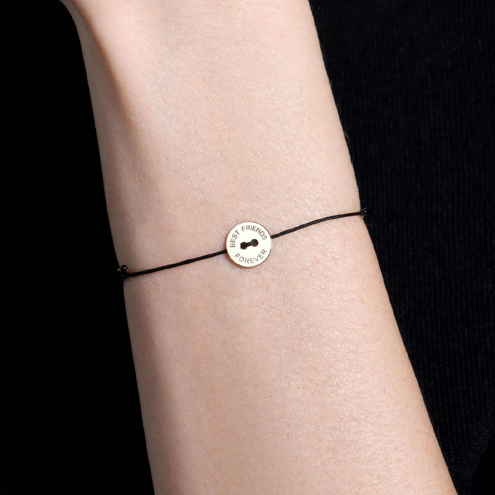 Bracciale Burato Paillettes donna cotone nero, oro rosa e incisione best friends CH547-2