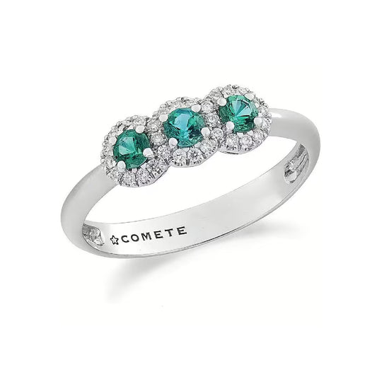 Anello Comete in oro bianco 18kt diamanti 0,12ct e smeraldi SU MISURA