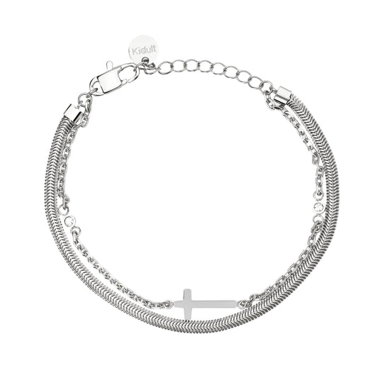 Bracciale multifilo Kidult Style in acciaio croce e cristalli Regolabile 16-19 cm