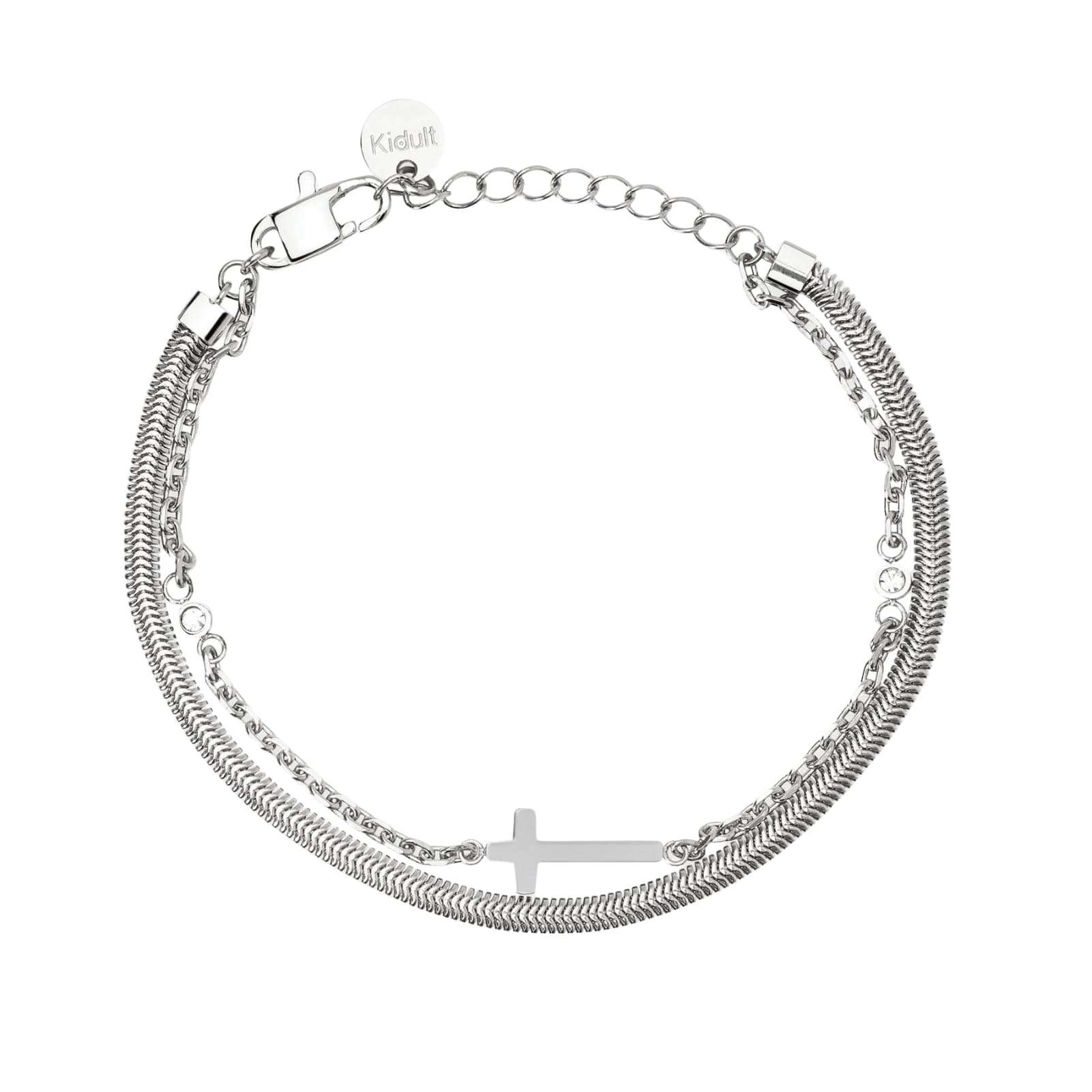 Bracciale multifilo Kidult Style in acciaio croce e cristalli Regolabile 16-19 cm