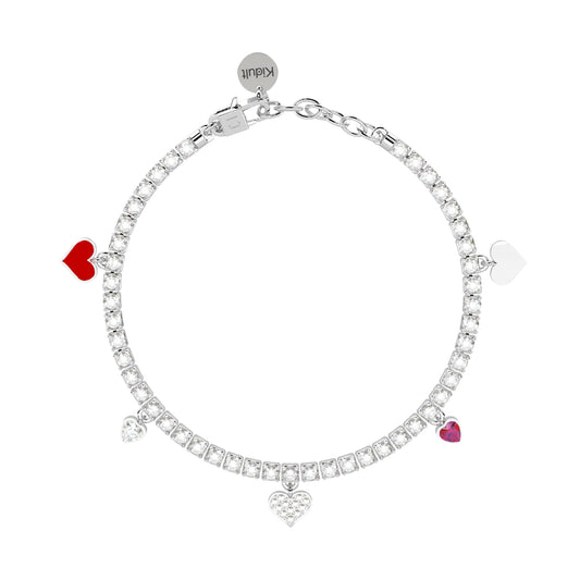 Bracciale tennis donna Kidult in acciaio cristalli e cuoricini Regolabile 15,5-18 cm