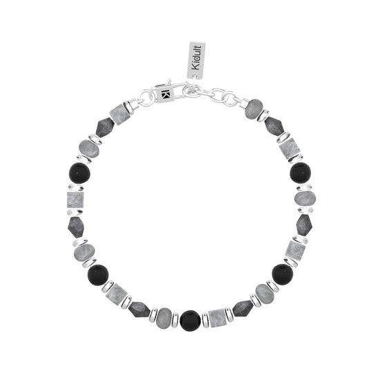 Bracciale da uomo Kidult in acciaio agata nera e grigia Regolabile 19-21 cm