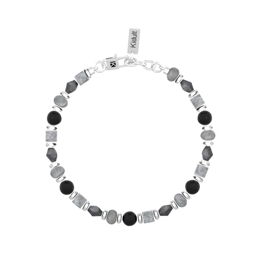 Bracciale da uomo Kidult in acciaio agata nera e grigia Regolabile 19-21 cm