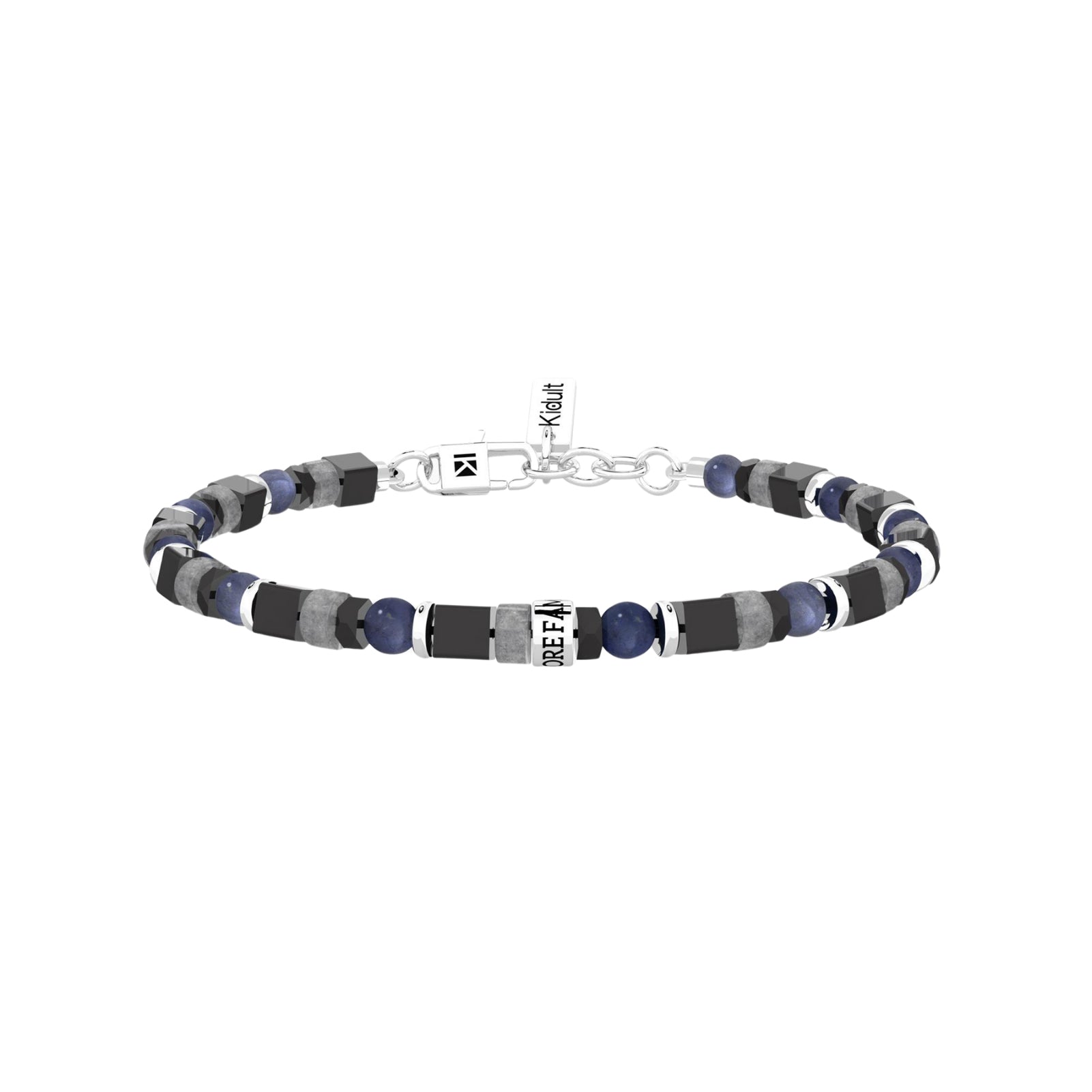 Bracciale uomo Kidult in acciaio con pietre blu nere e grigie Regolabile 19-21 cm