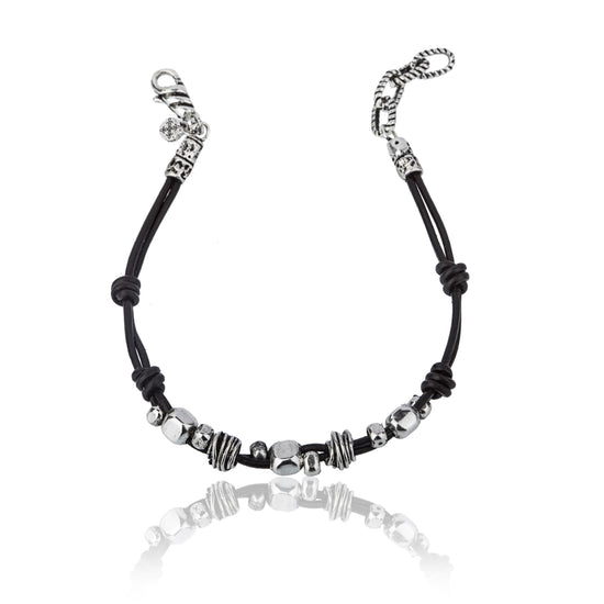 Bracciale Giacomo Burroni in argento e pelle con pepite Regolabile 19-21 cm