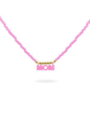 Collana elastica da donna Rue Des Mille Mum Selection con perline rosa, scritta MOM ed elementi in argento 925 dorato GR-022.MUM.V.AU