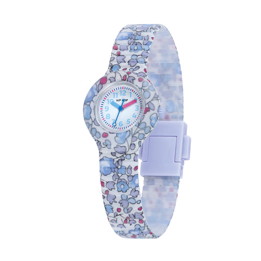 Orologio bimbi Hip Hop silicone con tessuto di fiori azzurro MISURA UNICA