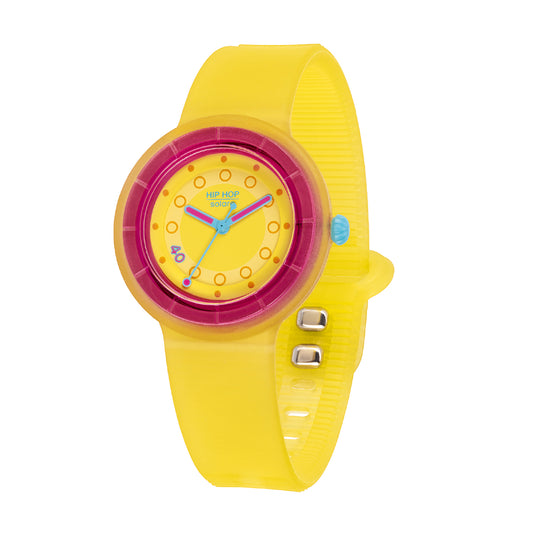 Orologio donna Hip Hop in silicone giallo e ghiera rosa MISURA UNICA
