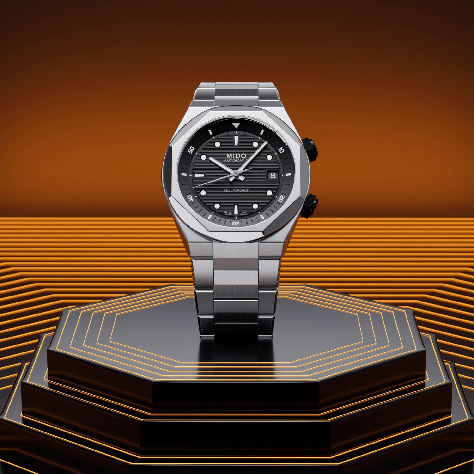 Orologio automatico Mido Multifort 8 da uomo in acciaio con quadrante nero MISURA UNICA