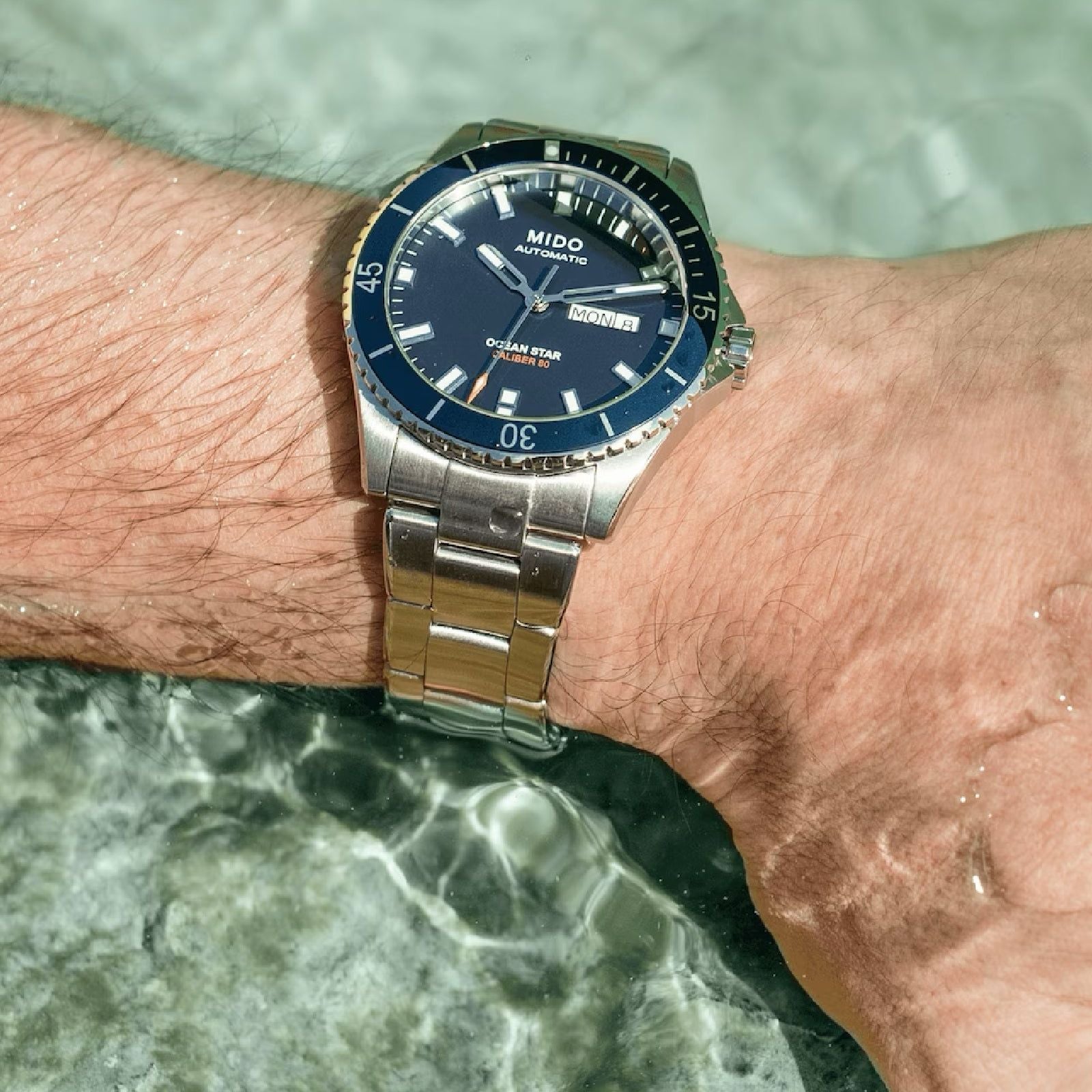 Orologio automatico acciaio Mido Ocean Star 200 uomo argento e blu, datario M0264301104100-4