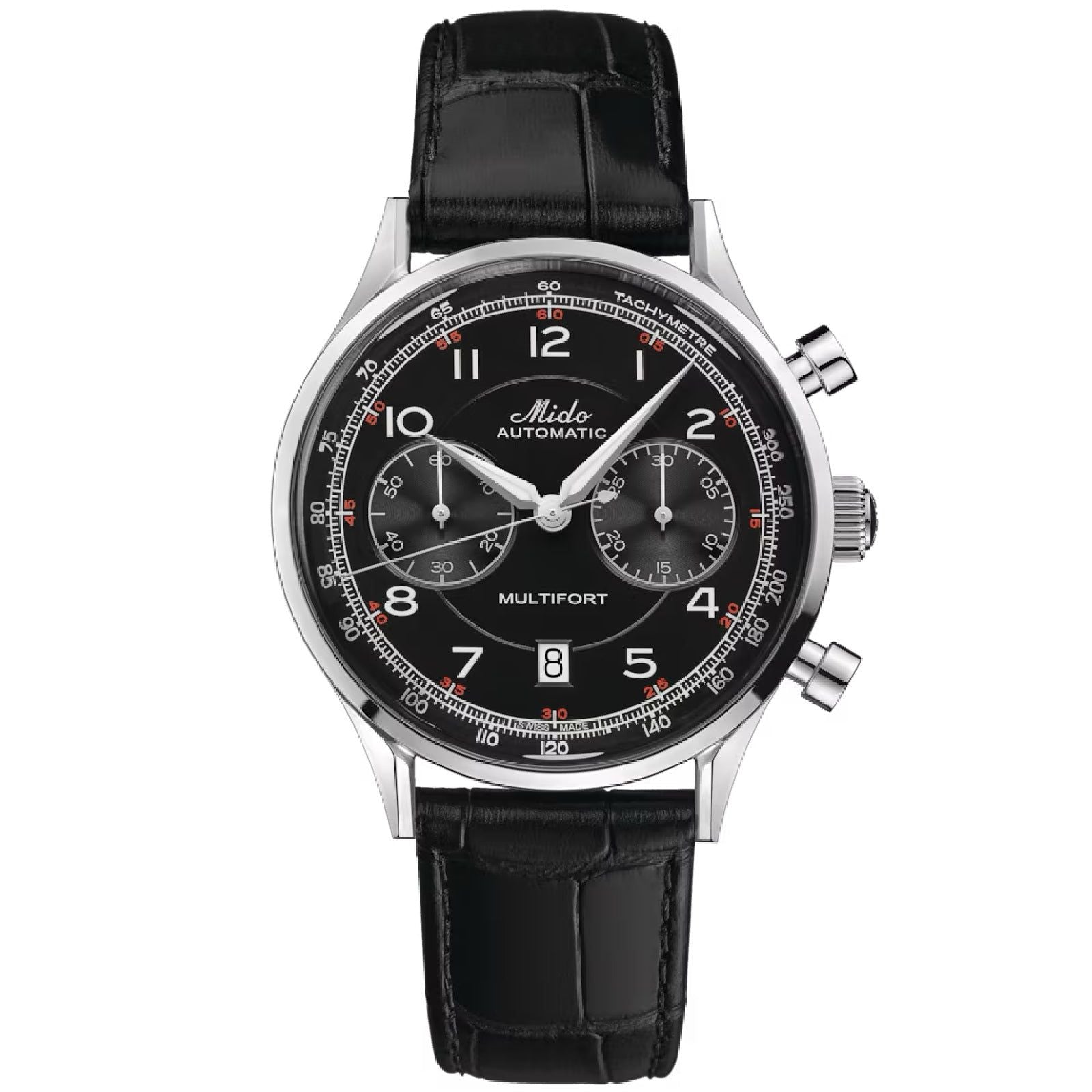 Orologio crono auto Mido Multifort uomo acciaio pelle nera datario riserva 60H M0404271605200-1