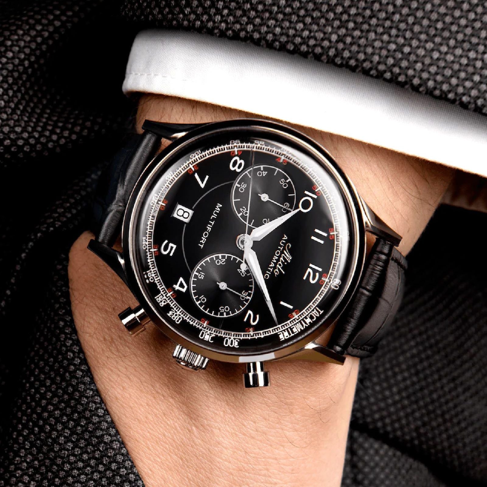 Orologio crono auto Mido Multifort uomo acciaio pelle nera datario riserva 60H M0404271605200-4