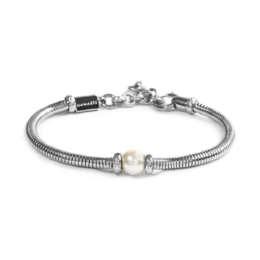 Bracciale uomo catena snake Marlù in acciaio con perla bianca Regolabile 18-21,5 cm