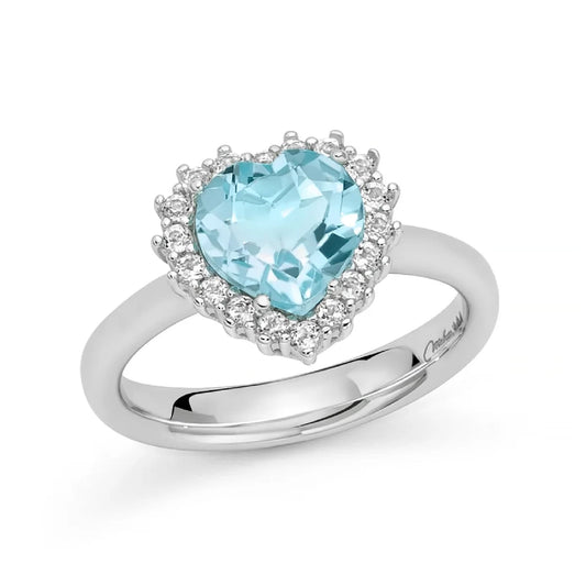 Anello Miluna argento cuore medio di topazio azzurro e bianco 14