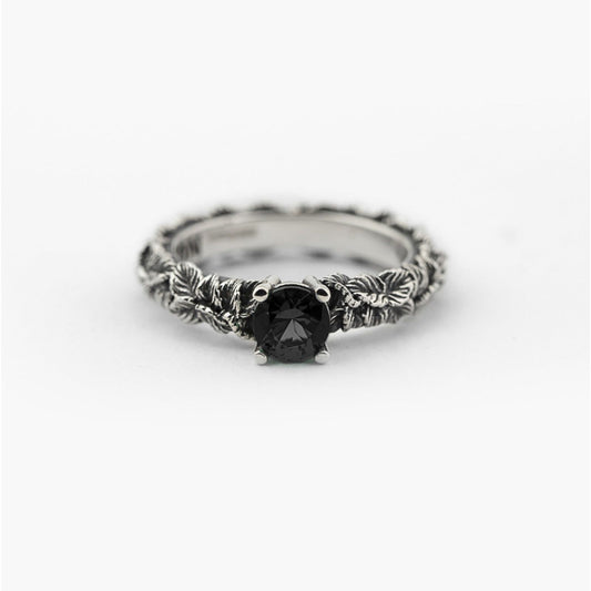 Anello solitario Nove25 Eden unisex in argento, foglie, zircone nero N25ANE00460-1