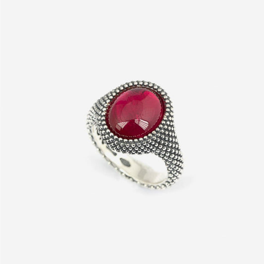Anello chevalier ovale Nove25 Puntinati unisex argento corindone rosso e sfere N25ANEPB064-2