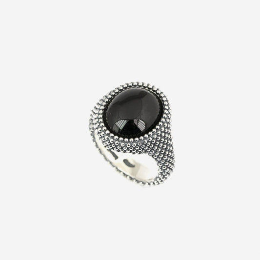 Anello chevalier ovale Nove25 Puntinati unisex argento onice nera e sfere N25ANEPQ064-2
