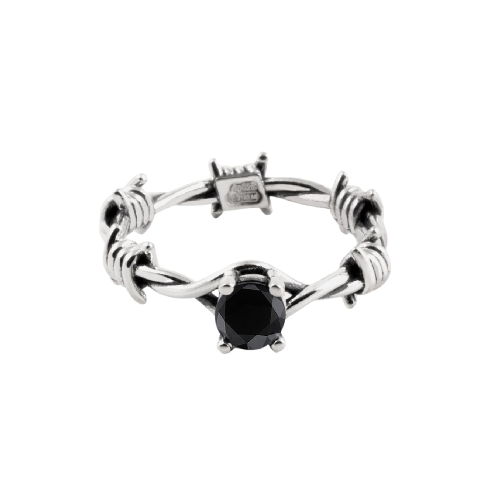 Anello NOVE25 in argento con filo spinato e zircone nero