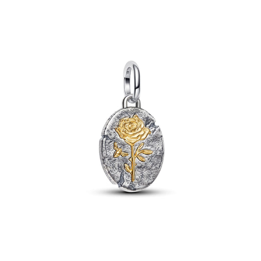 Charm pendente Pandora in argento medaglione con rosa dorata MISURA UNICA